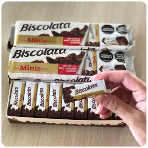 قیمت خرید و فروش ویفر شکلات شیری بیسکولاتا با طعم فندقی مدل minis بسته 18 عددی وزن 117 گرم